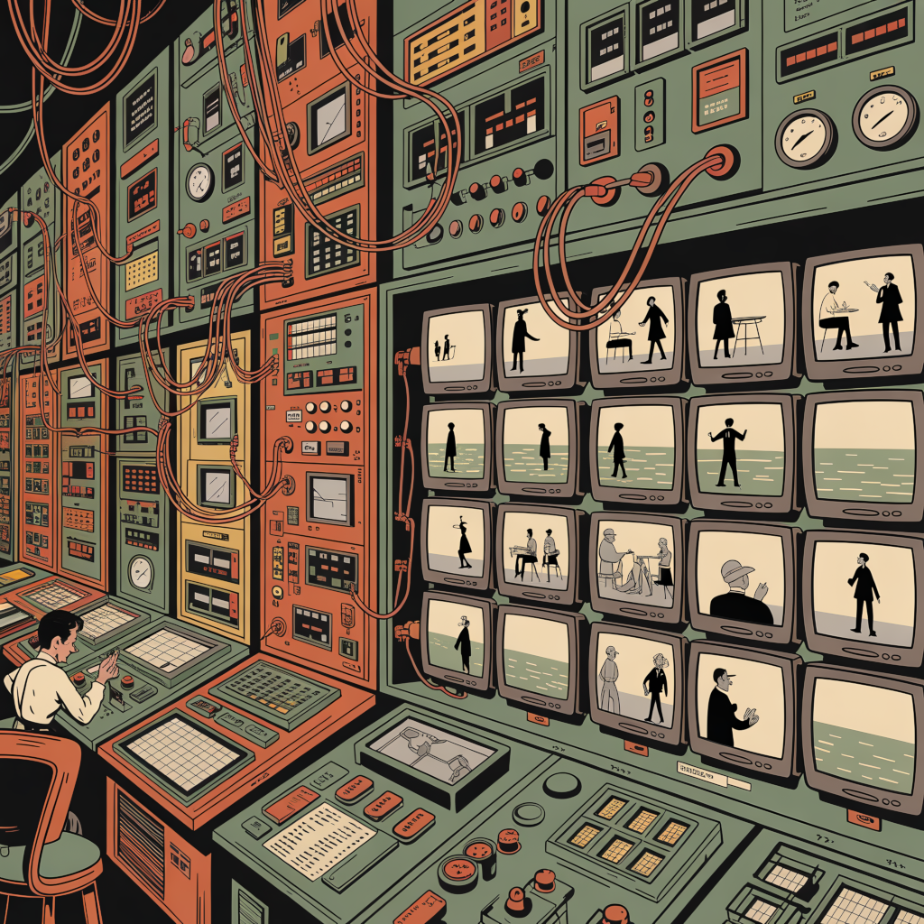 Centre de contrôle rétro saturé de cadrans et d’écrans.